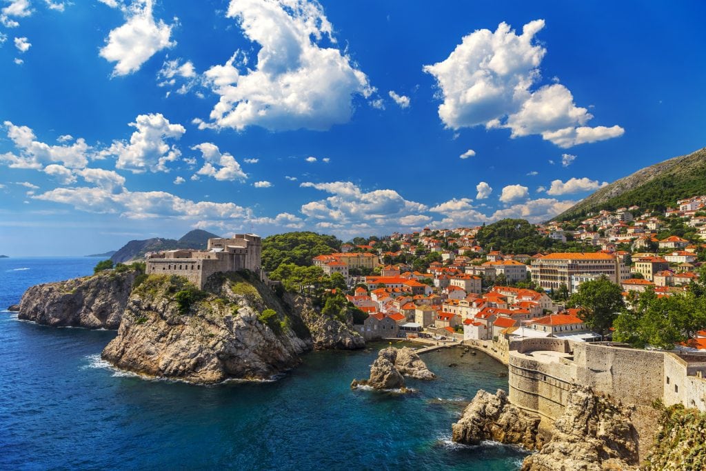 Croatia. South Dalmatia. General view of Dubrovnik – Fortresses Lovrijenac (left side) and Bokar seen from south old walls (it is on UNESCO World Heritage List since 1979)