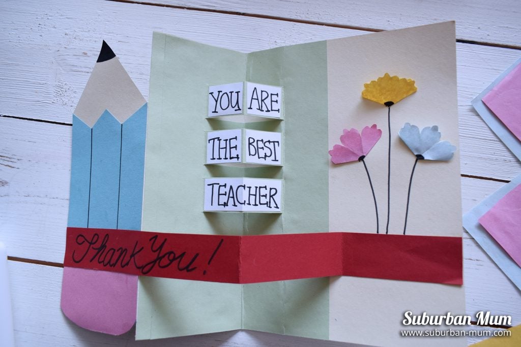 Hand made teacher thank you card with pencil and flowers, message inside reads You are the Best Teacher