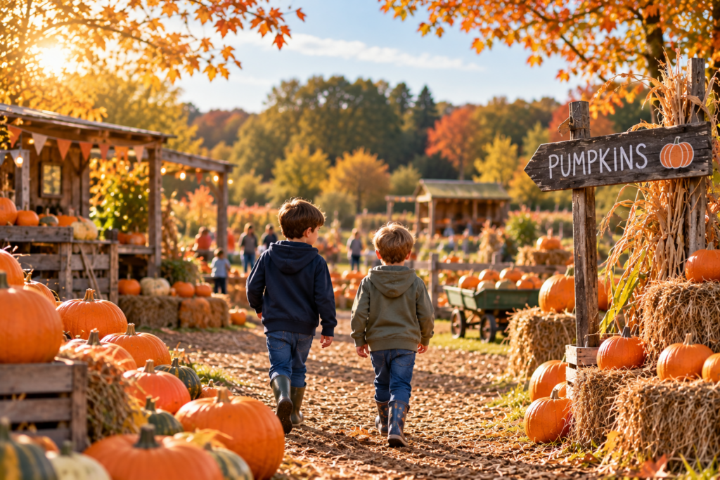 two boys walking through a pumpkin patch surrounded by orange pumpkins and autumn foliage