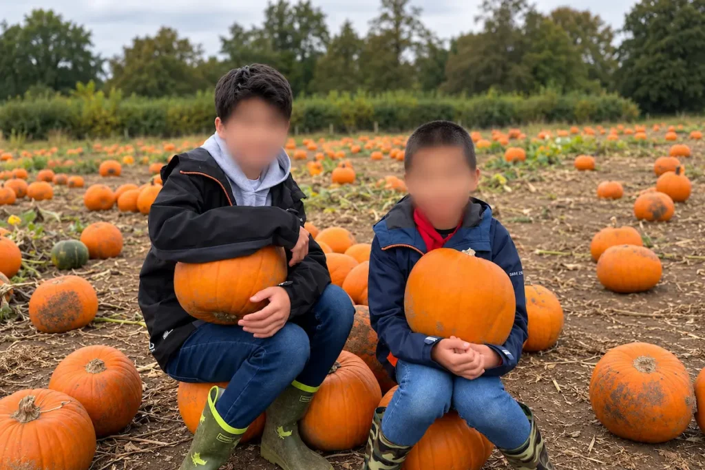garsons-pumpkin-picking-surrey Two boys choosing pumpkins at Garsons Farm in Surrey