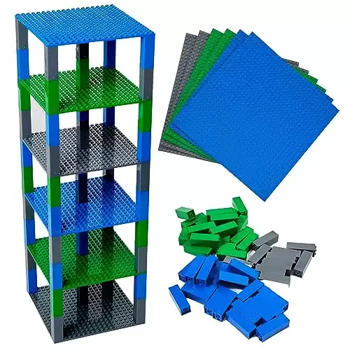 Strictly Briks Classic Stackable Baseplates, Building Bricks For Towers, Compatible with LEGO Blocks, Compatible with LEGO Base Plates, Blue, Green & Gray, 6 Base Plates & 50 Stackers, 15x15cm