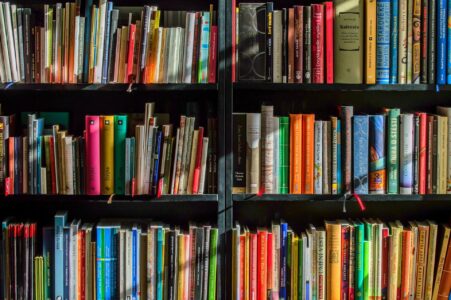 shelves of library books