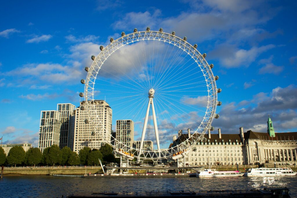 the london eye from across the river showing the southbank