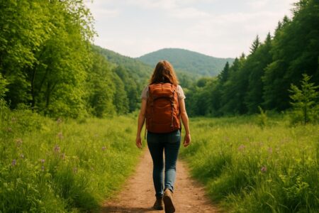 woman with backpack in countryside