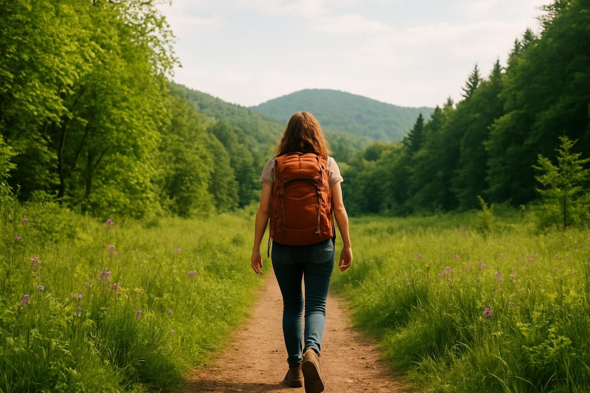 woman with backpack in countryside