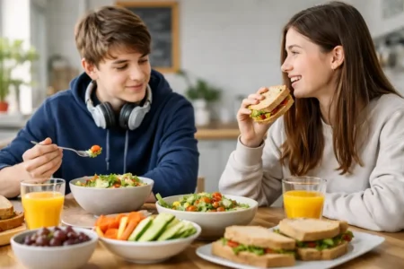 teenagers eating healthy meal family home