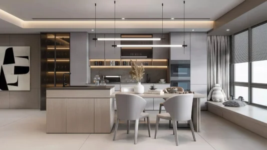 Modern kitchen with quality cabinetry, island and statement lighting