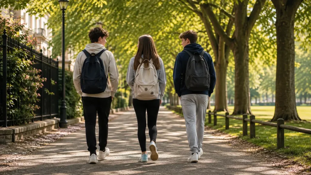 Three teenagers walking together outdoors