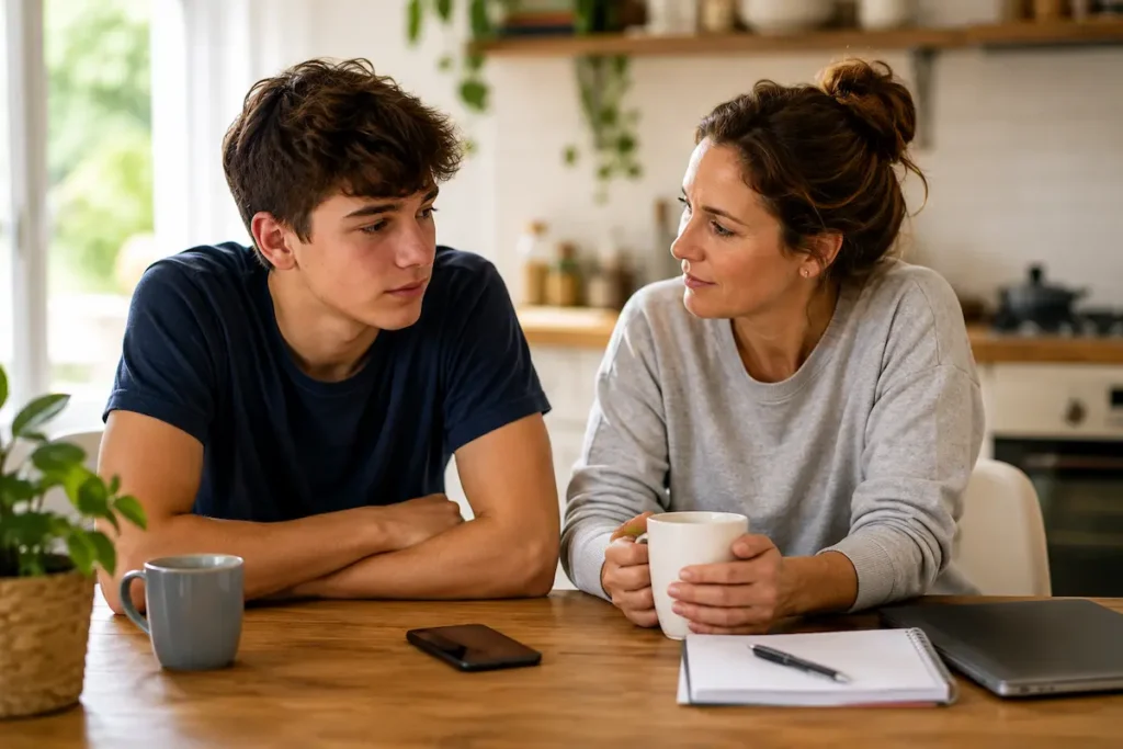 teen-waiting-for-gcse-results Teenager talking with a parent while waiting for GCSE results