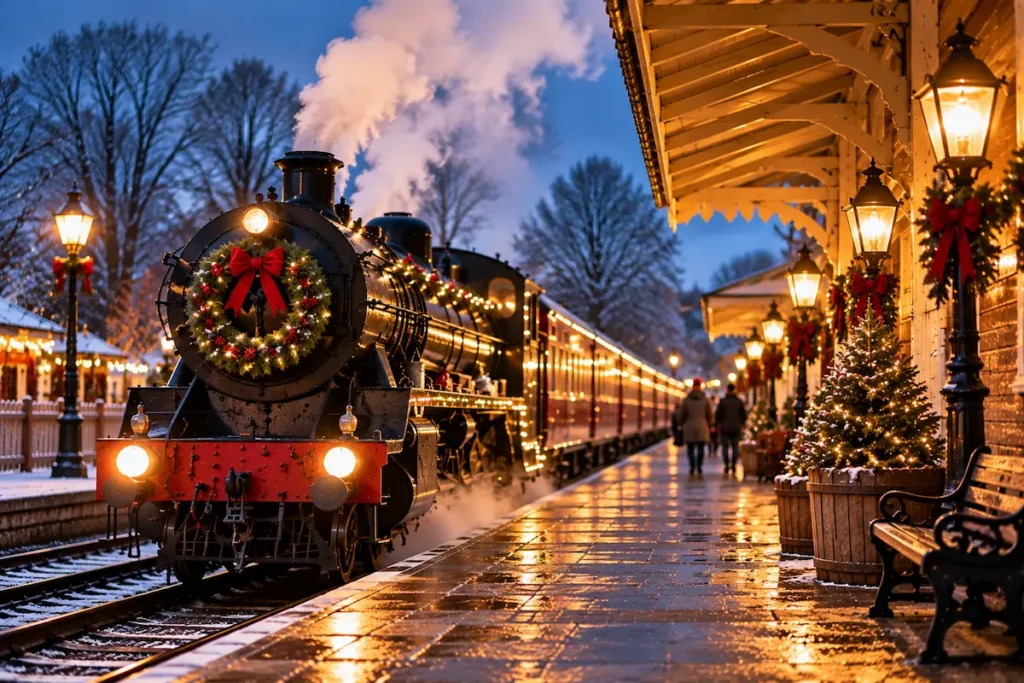 Festively decorated steam train at a Christmas railway station