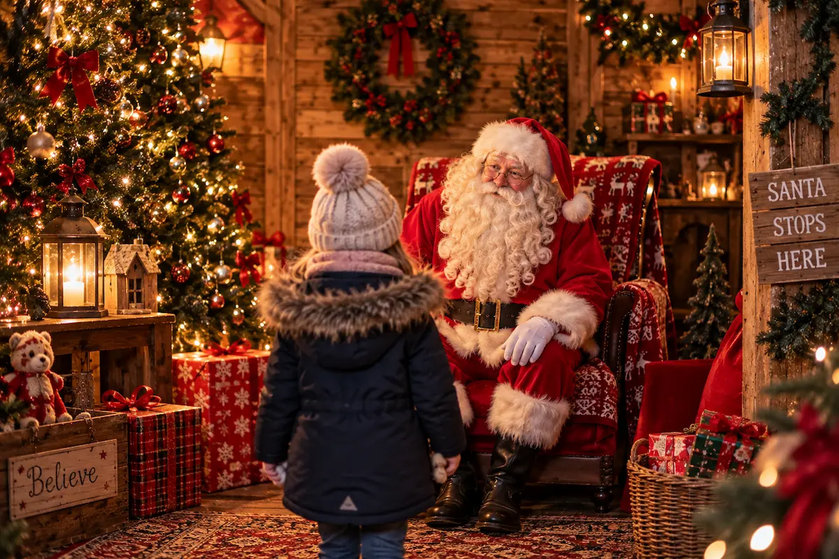 Child visiting Father Christmas in a traditional Christmas grotto