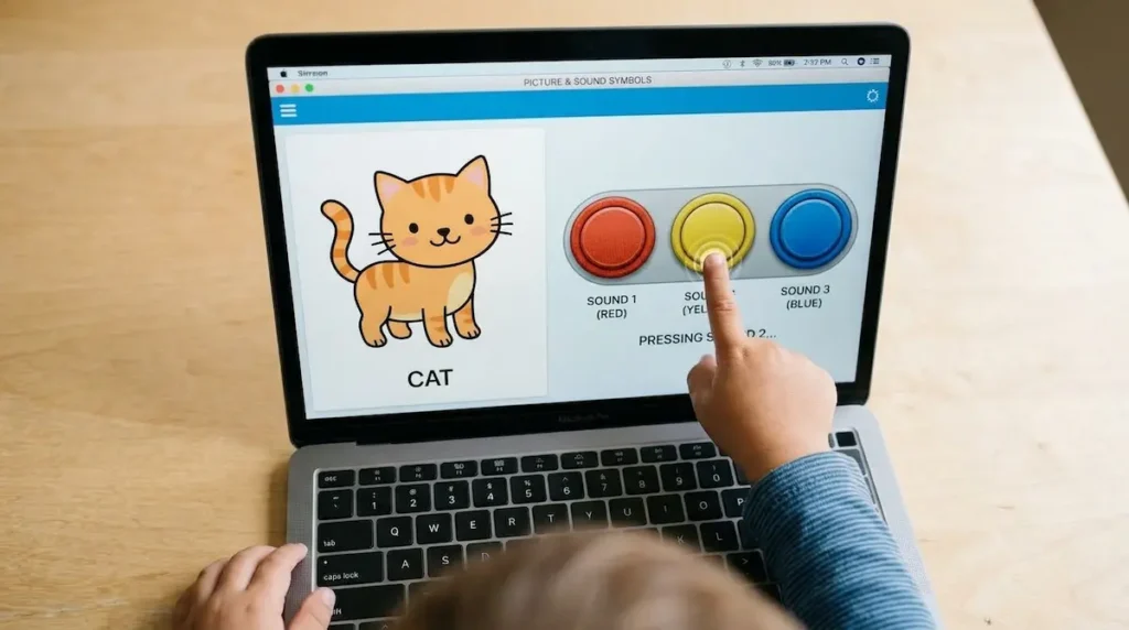 sound-buttons-segmenting-words-phonics Child using sound buttons to practise segmenting the word cat